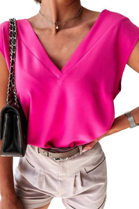 Pink V Neck Shirt Pleated Backless Cap Sleeve Tank Top Womens Basic Fashion Blouse