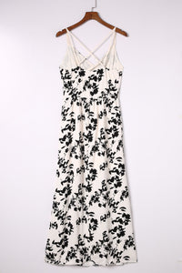 Womens Casual Long Dress White and Black Crossover Hollow-out Maxi Floral Dresses with Slit