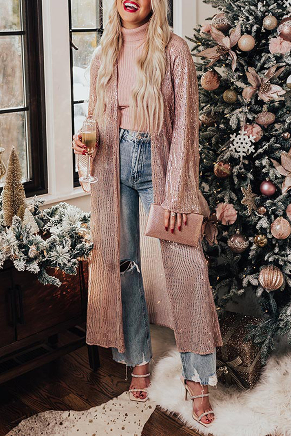 Rose Tan Open Front Long Sequin Kimono Sequin Cardigan