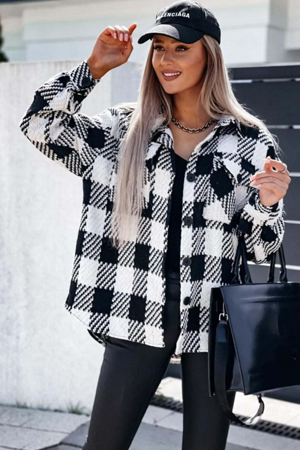 Black Plaid Textured Flap Pocket Shacket Long Sleeve Top