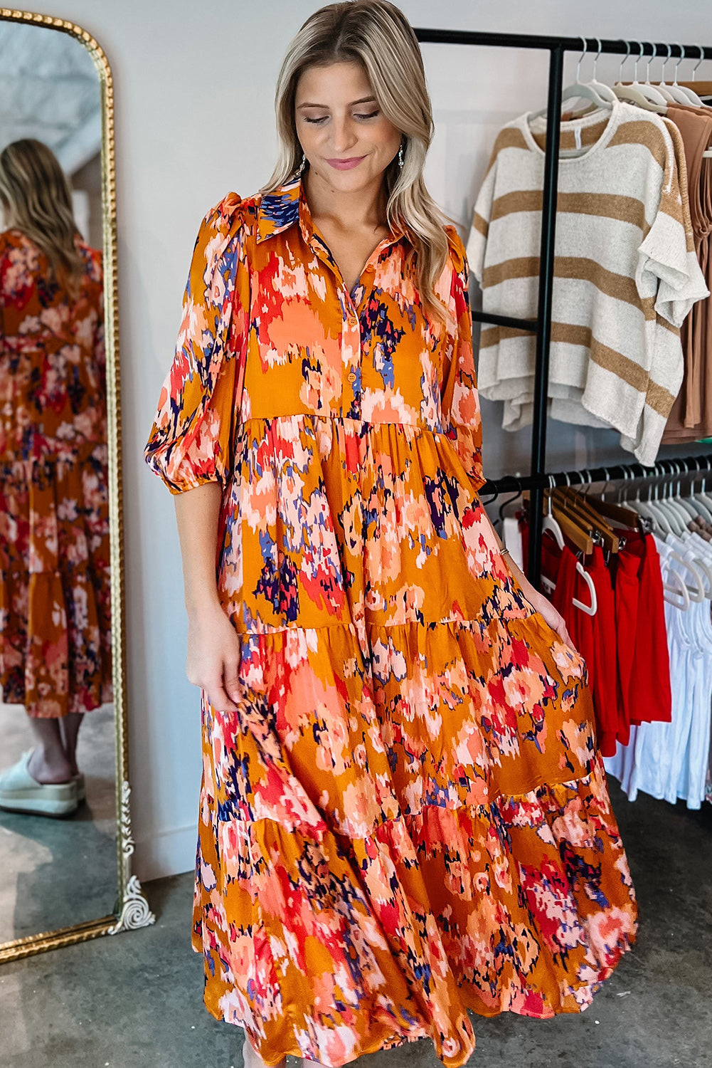 Orange Abstract Print Pleated Half Sleeve Buttoned Maxi Dress