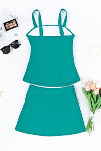 Green Solid Square Neck Sleeveless Tankini Swimsuit with Skirt and Long Swim Top