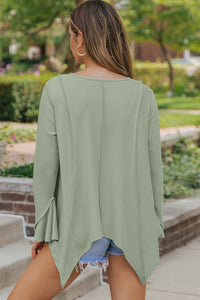 Green Ribbed Expose Seam Bell Sleeve Top