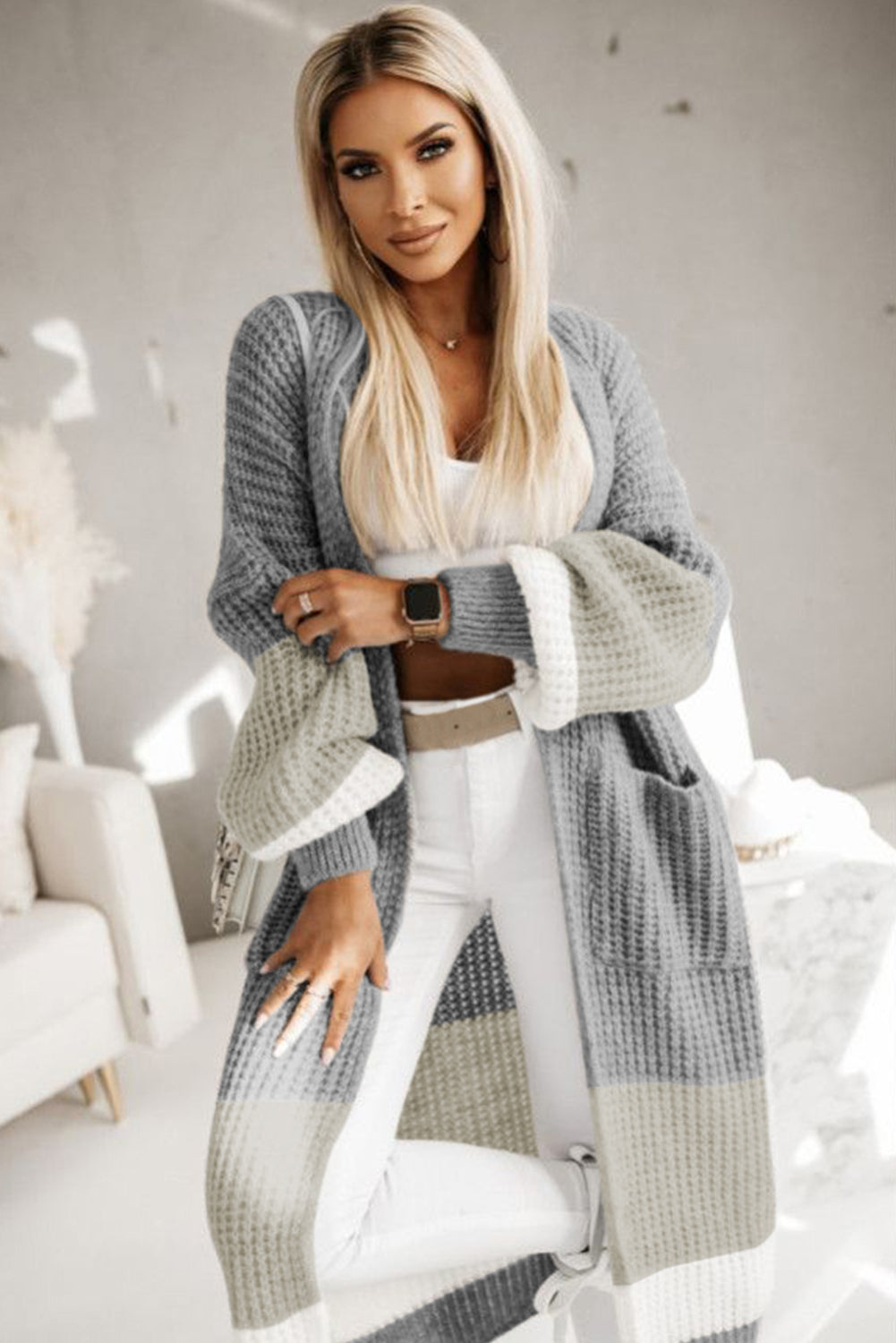 Fashion Open Sweater Gray Colorblock Cable Knit Side Pockets Duster Long Cardigan