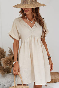 Beige Folded Short Sleeve Lace V Neck Mini Dress