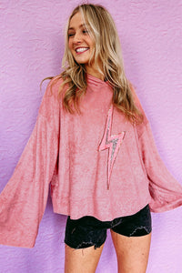 Womens Long Sleeve Shirt With Hood Pink Thunder Bolt Sequin Oversized Hoodie