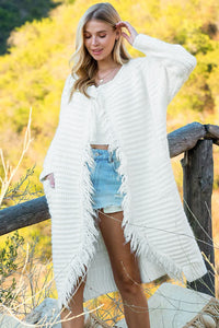 Womens Open Sweater White Fringed Open Front Pocketed Long Cardigan