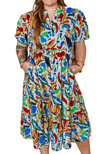 Green Abstract Print Notch Neck Bubble Sleeve Plus Size Dress