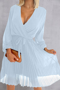 Tied Surplice Long Sleeve Pleated Dress