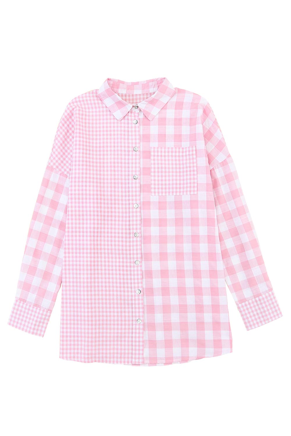 Women's Fashion Top Pink Mix Checked Patchwork Long Sleeve Shirt