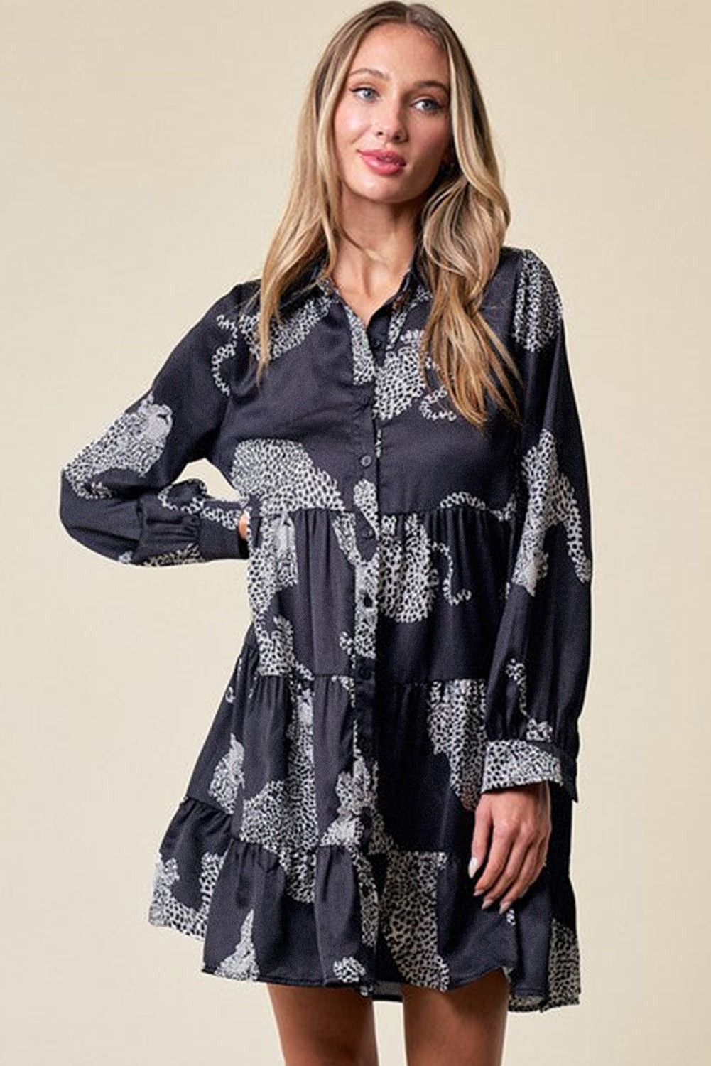 Women’s Fashion Black Leopard Print Button-up Long Sleeve Casual  Dress