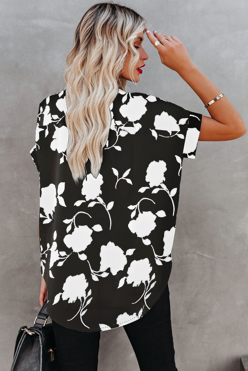 Black Floral Printed Short Sleeve Blouse Womens Casual Shirt Top