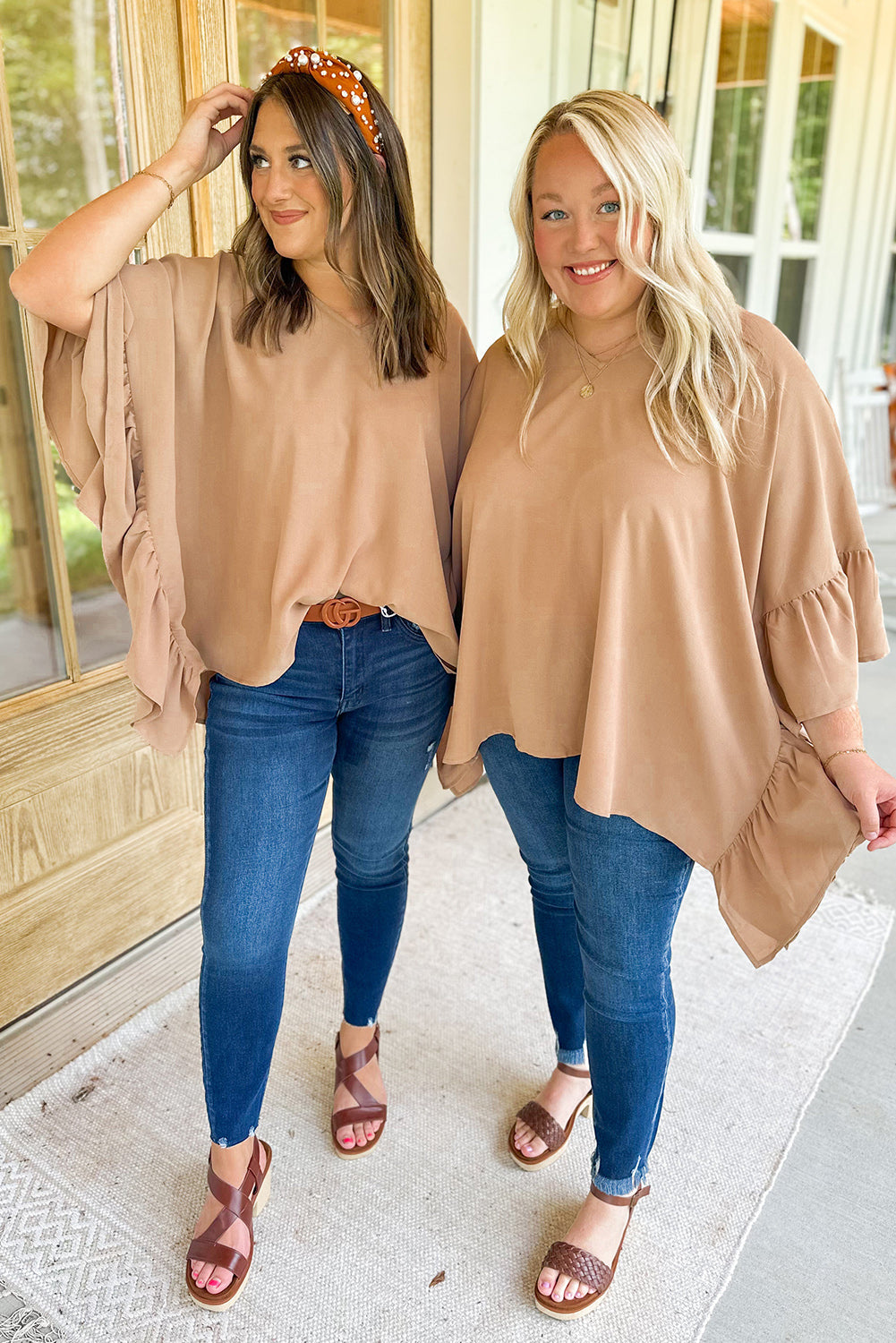 Khaki Nude Shirt Plus Size Ruffled Batwing Sleeve V Neck Blouse Oversize Baggy