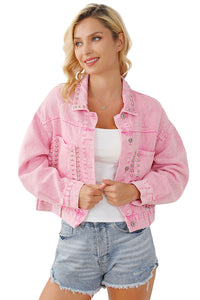 Pink Denim Jacket 100% Cotton Premium Luxury Fashion Women’s Rivet Studded Pocketed Light Pink Denim Jacket