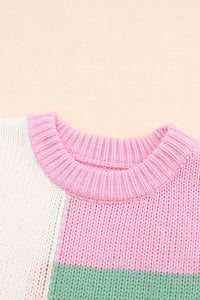 Pink Colorblock Drop Shoulder Bell Sleeve Sweater