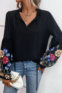 Black Floral Patched Flounce Sleeve Split Neck Blouse