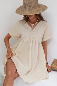 Beige Folded Short Sleeve Lace V Neck Mini Dress