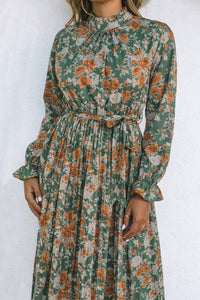 Floral Dress with Tie Waist Green Pleated Long Sleeve Maxi Ankle Length Casual Dresses