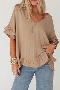 Women's Khaki Baggy Shirt with Ruffles Light French Beige Loose Ruffled V Neck Blouse