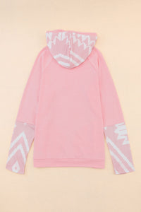 Pink Aztec Print Patchwork Thumb Hole Hoodie