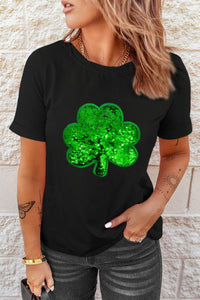 St Patricks Day Shirt Ladies Black Sequin Clover Embroidered Round Neck Graphic Tee Women's St Patty's T Shirt