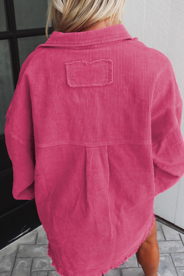 Ribbed Denim Jacket Bright Pink Corded Dual Chest Pocket Raw Hem Shacket