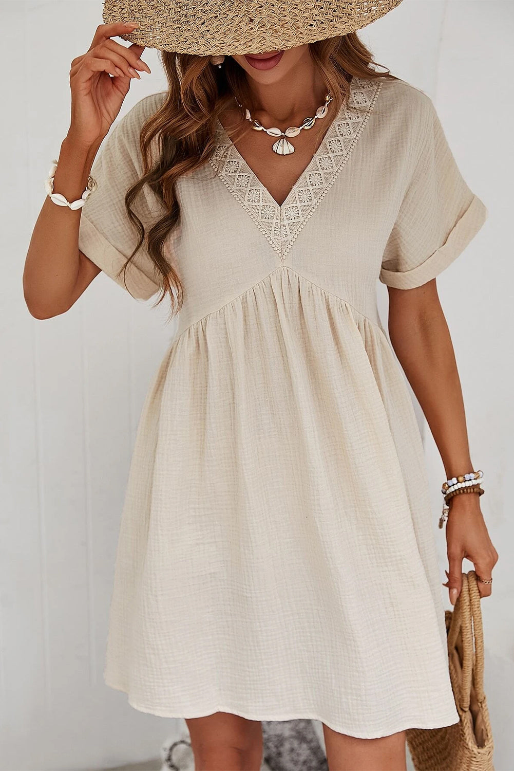 Beige Folded Short Sleeve Lace V Neck Mini Dress