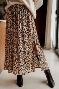 Leopard Animal Print High Waist Side Slit Long Skirt