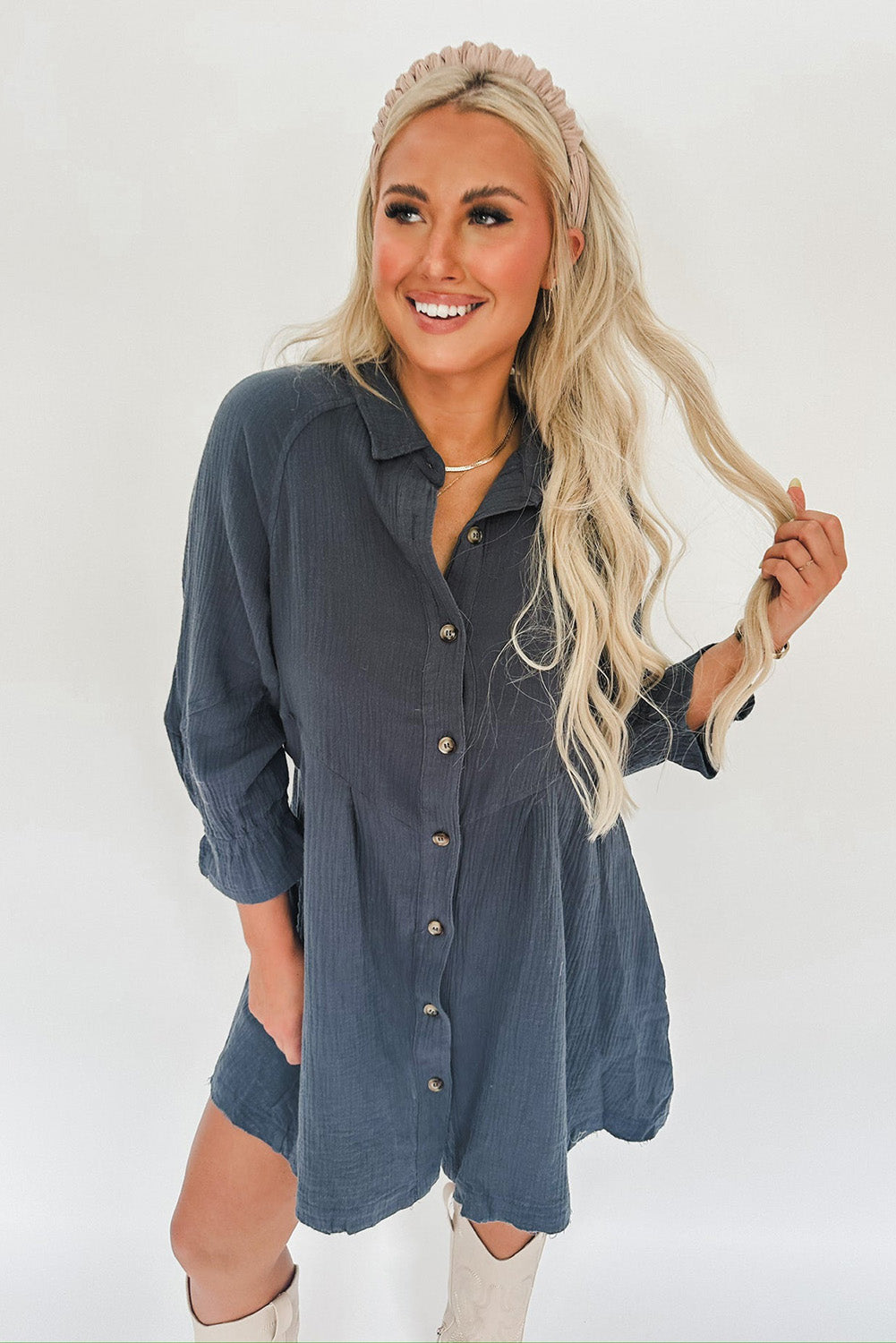 Sail Blue 3/4 Ruffled Sleeve Buttoned Crinkled Shirt Dress