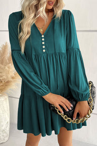 Sea Green Lace Puff Sleeve Buttoned Tiered Ruffled Mini Dress