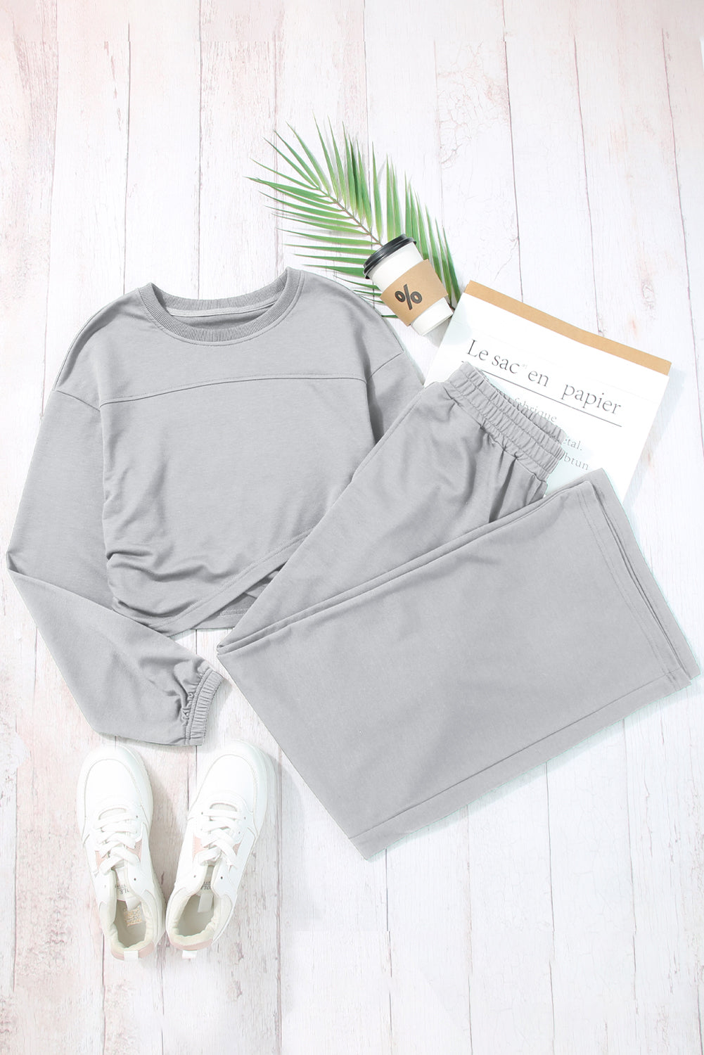 Light Grey Solid Criss Cross Crop Top and Pants Active Set Loungewear