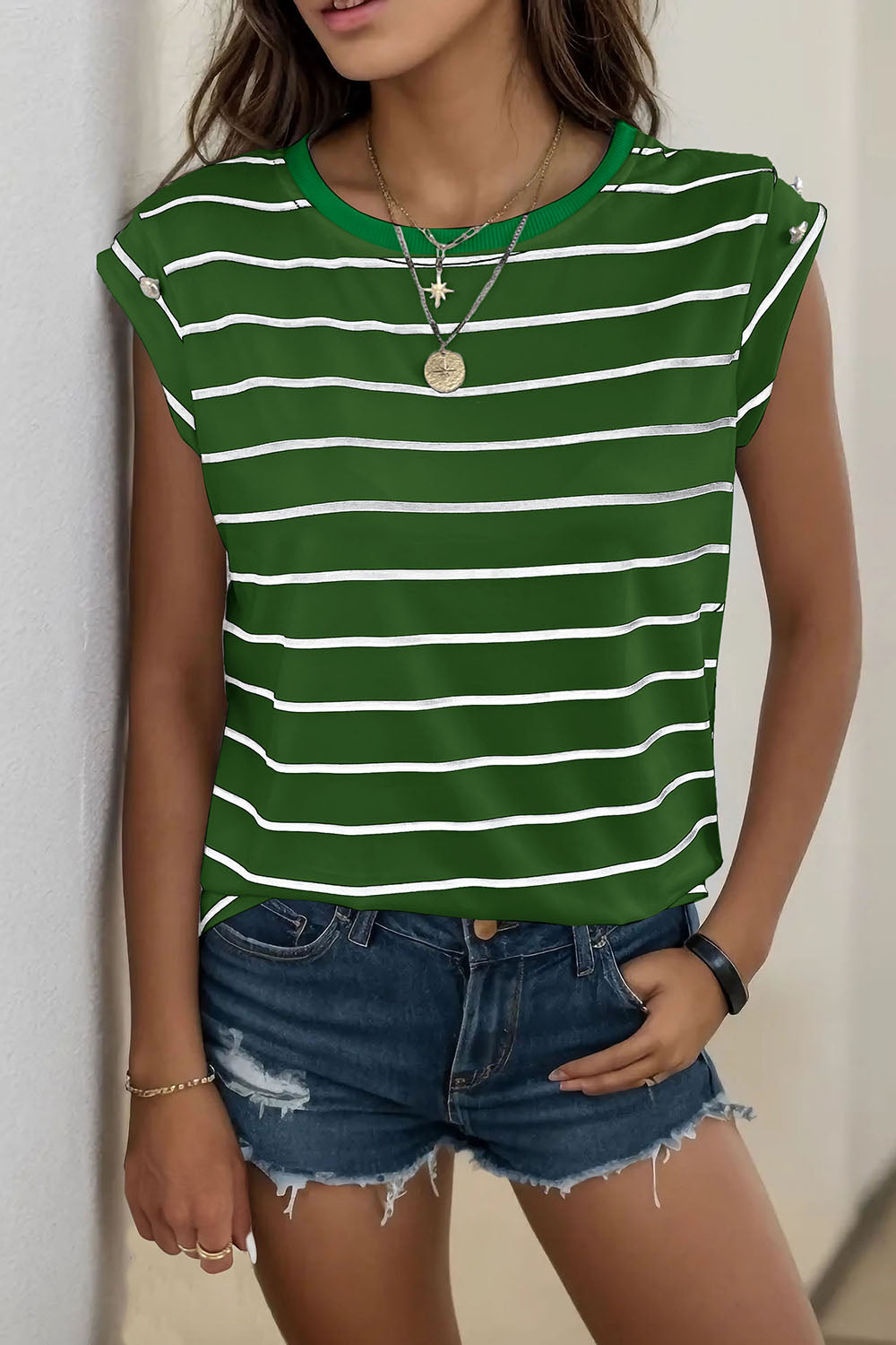 Striped Round Neck T-Shirt New Women's Fashion Casual Short Sleeve Blouse