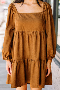 Boho Long Sleeve Dress with pockets  Chestnut Square Neck Puff Sleeve Tiered Corduroy Mini