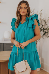 Mini Dress with Pockets Short Sleeve Green Tiered Ruffled Sleeves