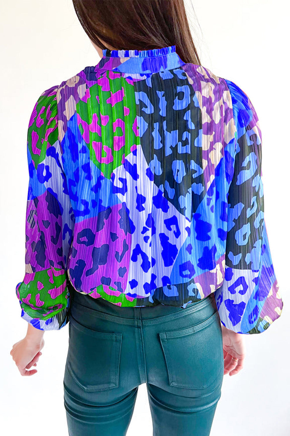 Sky Blue Leopard Patchwork Print Pleated Blouse