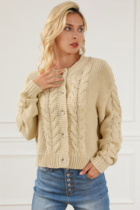 Fashion Open Sweater Apricot Cable Knit Buttoned Cardigan