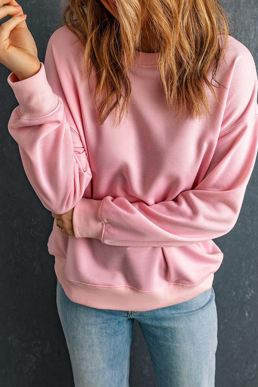 Pink Solid Classic Crewneck Pullover Sweatshirt Ladies fashion Sweaters