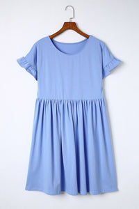 Sky Blue Round Neck Ruffle Sleeve Loose Dress