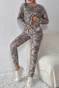 Leopard Long Sleeve Top Drawstring Pants Lounge Outfit