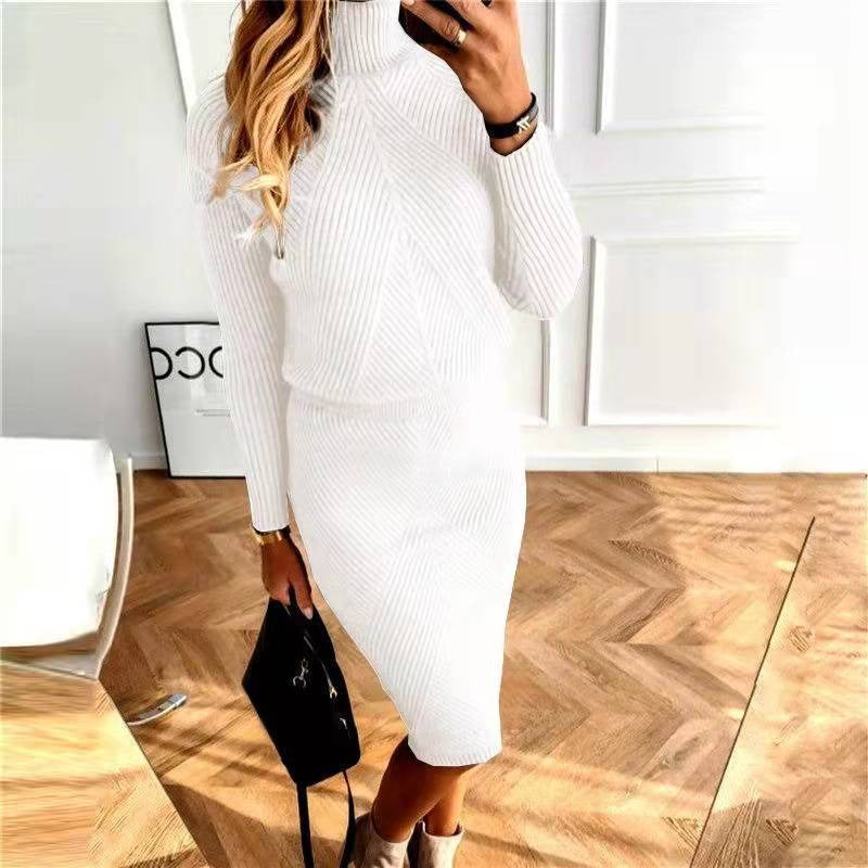 High necked knitted solid color pullover sweater set skirt