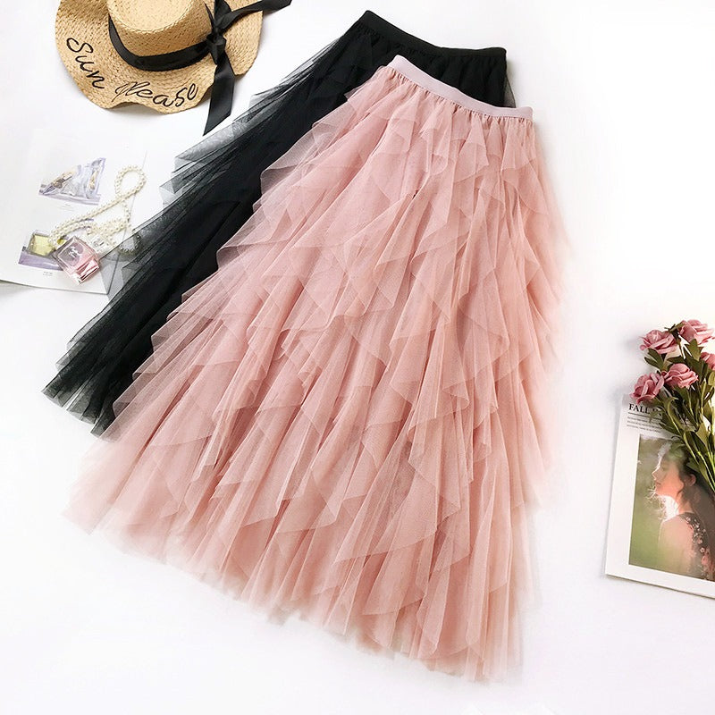 Fashionable high waisted Long Tulle Skirt Irregular Hem Mesh