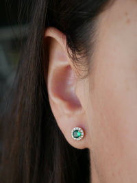 Round Emerald Gold Stud Earrings, .925 Sterling Silver Halo Diamond Cubic Zirconia Round Dainty Stud Earrings