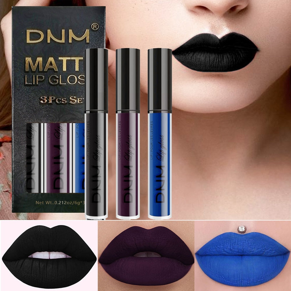 New 3pcs/set Liquid Lipstick Waterproof Long Lasting Cosmetic Black