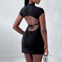 Sexy Half Turtleneck Design Lace up Bare Back Side Slit Hip Dress