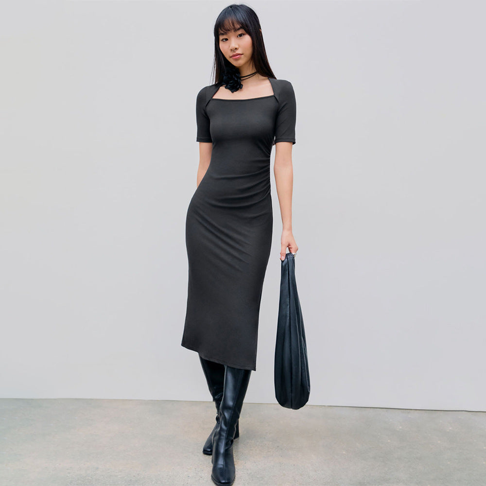 Elegant Generous Waist Tight Slimming Sense of Design Side Slit Sheath Dress