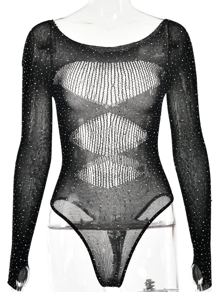 Womens Sexy Bodysuit Rhinestone Mesh Hollow Lace Cutout Long Sleeve high Stretch Shirt  Hot Girl Fashion