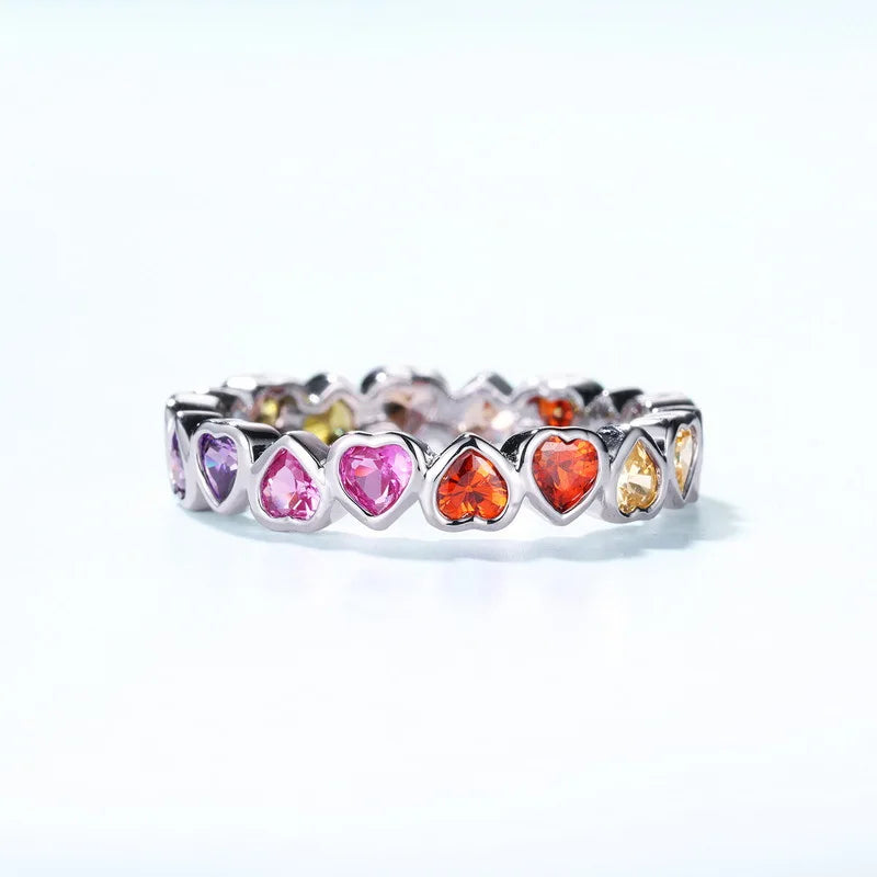 Colorful Heart Eternity Ring  925 Sterling Silver Rings For Women Love Heart Rainbow Zircon