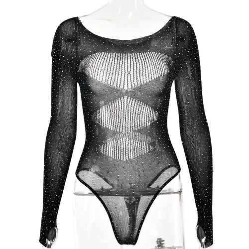 Womens Sexy Bodysuit Rhinestone Mesh Hollow Lace Cutout Long Sleeve high Stretch Shirt  Hot Girl Fashion