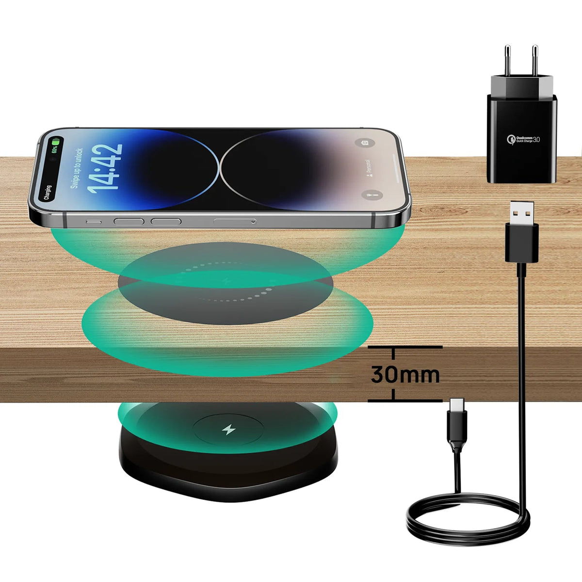 Invisible Wireless Charger 30mm Under Table QI Charger Furniture Desk