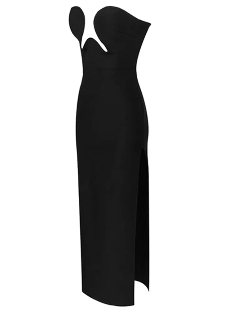 Women Sexy Black Dress Strapless Sweetheart Neckline High Slit Maxi Long Bodycon Formal Party Dresses